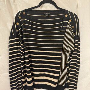 Ann Taylor Petite Black Stripe Sweater Gold Button Shoulder Women’s MP